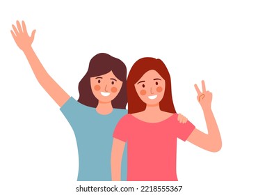 Two lovely female friends hugging in flat design on white background.