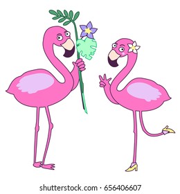 Two lovely flamingos cartoon on white background. Vector card