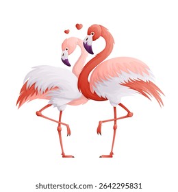 Two lovely flamingos stand together, their necks intertwined, symbolizing love and affection. Little hearts float above them, enhancing the romantic mood.