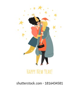 Two lovely girls are drinking sparkling wine and celebrating the new year. Isolated cartoon characters in flat style