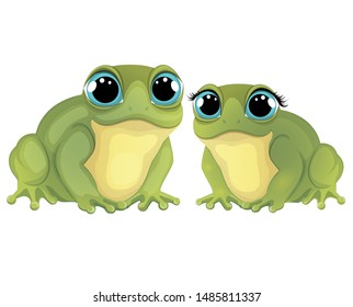 Two lovely green frogs sitting near each other. Family of frogs. Cartoon vector illustration. Cute cartoon character.EPS10.Vector Illustration. 