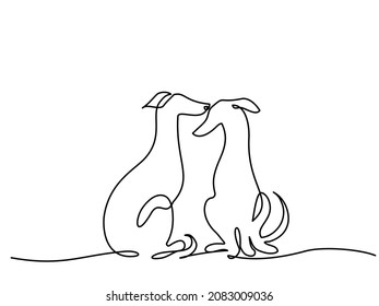 Two lovely greyhounds silhouette. Continuous one line drawing. Outline on white background. Line art. Vector Illustration