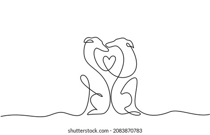 Two lovely greyhounds silhouette. Continuous one line drawing. Outline on white background. Line art. Vector Illustration