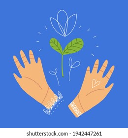 Dos manos encantadoras apoyan el brote verde. El símbolo de la primavera, la floración, el despertar, la nueva vida. Concepto de ecología y Protección de la Naturaleza. Ilustración vectorial dibujada a mano.