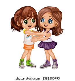 Two Lovely Happy Best Friends Girls Hugging. Friends Hug. Little Cartoon Girls Sisters Smiling and Embracing. Friendship Concept Cartoon Vector Illustration