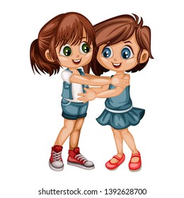 Two Lovely Happy Best Friends Girls Hugging. Friends Hug. Little Cartoon Girls Sisters Smiling and Embracing. Friendship Concept Cartoon Vector Illustration