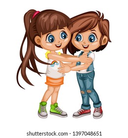 Two Lovely Happy Best Friends Girls Hugging. Friends Hug. Little Cartoon Girls Sisters Smiling and Embracing. Friendship Concept Cartoon Vector Illustration