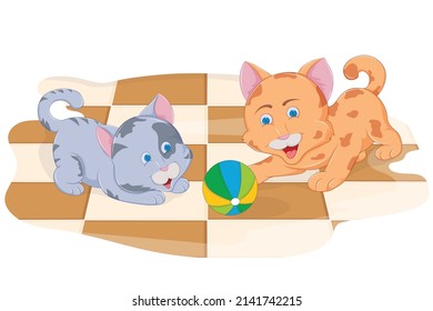 Dos gatos bonitos están jugando con bolas de colores