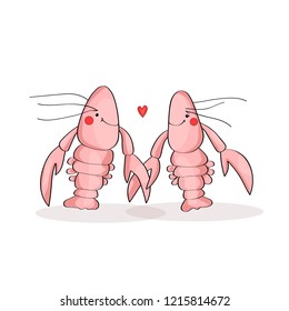 Two lovely lobsters are found each other and hold their hands on