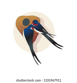 Two lovely martlets or swallows sitting near nest. Couple of birds. Wild creatures. Wildlife theme. Flat vector icon