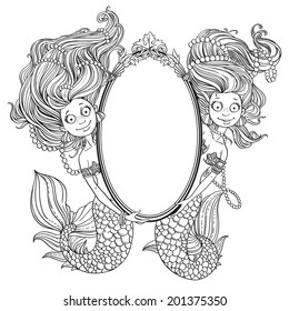 Two lovely mermaid with flowing long hair holding a big mirror outlined