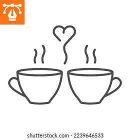 Two lovely mugs line icon, outline style icon for web site or mobile app, dating and valentines day, hot cups vector icon, simple vector illustration, vector graphics with editable strokes.