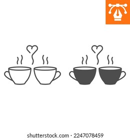Two lovely mugs line and solid icon, outline style icon for web site or mobile app, dating and valentines day, hot cups vector icon, simple vector illustration, vector graphics with editable strokes.