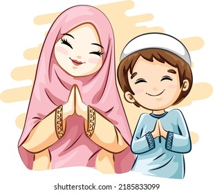 Two lovely Muslim brothers greeting everyone. Vector cartoon.