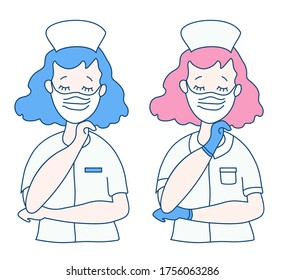 Two Lovely Nurses In Medical White Uniforms, Wearing A Mask And Eyes Closed. One Female Healthcare Provider Has Blue Gloves For Protection Against The Virus. Vector Drawing