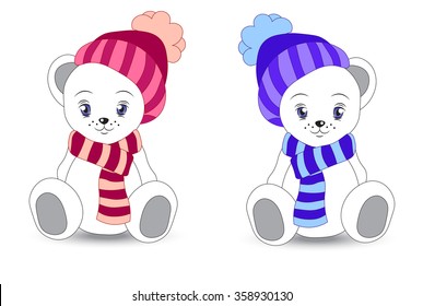 two lovely polar teddy bear in a cap and a scarf 
