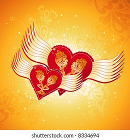 two lovely red heart on golden background with wings, vector illustration
