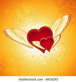 two lovely red heart on golden background with wings, vector illustration