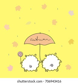 Two lovely sheep under an umbrella with a handwritten inscription "autumn" on a yellow background with rain and maple leaves. Autumn illustration. rear view. Doodle art