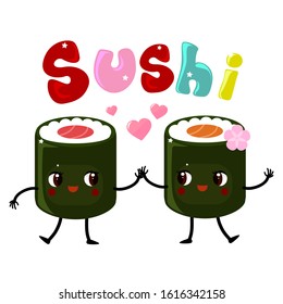 Two lovely sushi friends with tuna and salmon. Little maki rolls japanese food for menu, design and stickers.