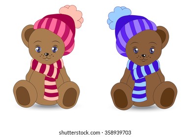 two lovely teddy bear in a cap and a scarf 
