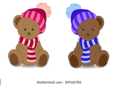 two lovely teddy bear in a cap and a scarf 