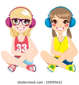 Two lovely teenager girls sitting on floor listening music with headphones together happy smiling