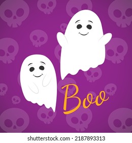 Two lovely white ghosts on purple background. Cute card for Halloween.
