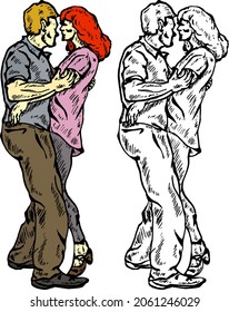 Two lover embraced in slow dancing. Hand drawn vector illustration.