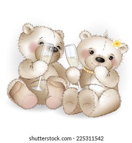 Two lovers bear drinking glasses with champagne. The white background.