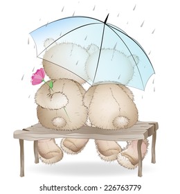 Zwei Liebhaber Bären sitzen auf einer Bank unter einem Regenschirm. Der Regen auf Weiß