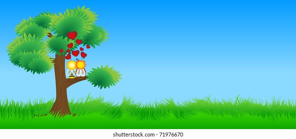 Two lovers bee sitting on a tree growing on a green meadow