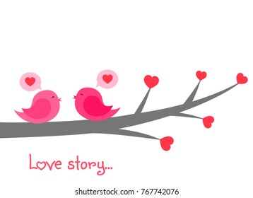 Two lovers of birds on the branch. Love story. Valentine day.
