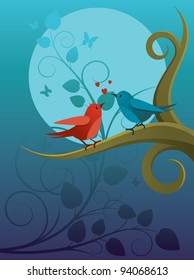 Two lovers birds sitting on a branch in the night garden vector illustration