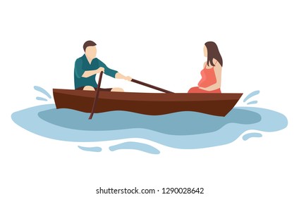 Two lovers in the boat, a man and a pregnant woman. Cartoon style flat illustration.