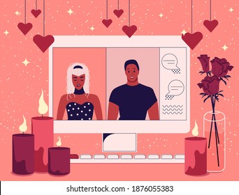 Two lovers boy and girl celebrate valentine's day online. Romantic date chat on a computer monitor during video call. Flat vector illustration.