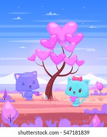 Two lovers cat pour bamboo on the jungle background. Modern design stylish illustration. Valentines Day Card.