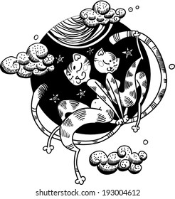 Two lovers cats in a black circle. In the background, the moon, stars and clouds