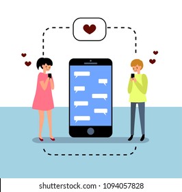 Two lovers, Chatting With Mobile Phones and a Big Phone(flat style). Vector Illustration, Declaration Of Love Online,Long distance relationship