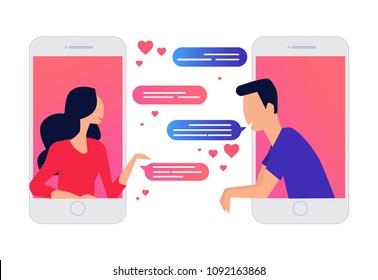 two lovers chatting on mobile phone, online dating,  concept vector illustration flat design