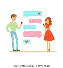 Dos amantes que charlan con sus teléfonos móviles Ilustración vectorial colorida del carácter
