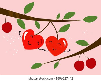 two lovers cheerful cherry in the form of heart hanging on the branches of cherry blossoms holding hands on a pink background. Vector graphics