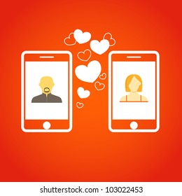 Two lovers communicatitng with the mobile phones. Abstract illustration