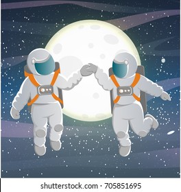 Two lovers cosmonauts in white suits dancing on the background of bright glowing full moon in the night sky.. In weightlessness. Vector illustration of Valentine's and Cosmonautics Day.