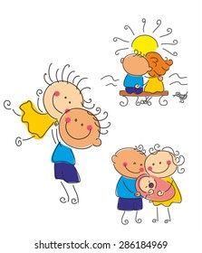 Two lovers, couple, family. Clip art, vector drawing, humor. Relationship. Three pictures. Couple sitting near the sea, the guy picks his girlfriend in the air, a couple with a newborn baby.