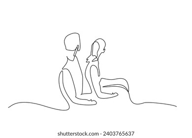 two lovers couple together relax love looking forward sitting outside one line art design