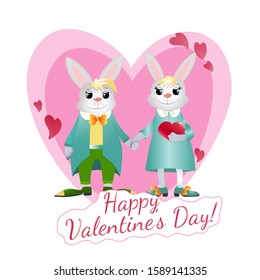 Two lovers and cute bunnies dressed in clothes hold hands near large and pink hearts. Greeting card and text Happy Valentine's Day. Vector stock illustration isolated on white background.