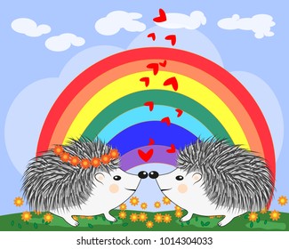 Two lovers cute cartoon hedgehogs, a boy and a girl near a seven-colored rainbow on a spring, summer day