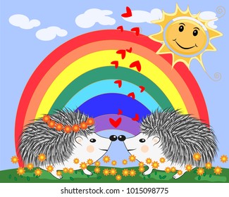 Two lovers cute cartoon hedgehogs, a boy and a girl near a seven-colored rainbow on a spring, summer day