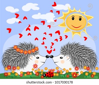 Two lovers cute cartoon hedgehogs, a boy and a girl near a seven-colored rainbow and ladybug on a spring, summer day